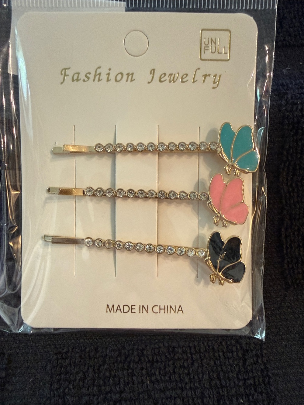 Fashion Jewelry Gold Butterfly Crystal Bobby Pins in Blue Pink Black